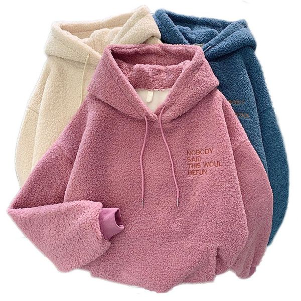 

women's hoodies & sweatshirts thick lamb wool hoodie sweatshirt woman letters casual loose long-sleeved pullover korean version keep wa, Black