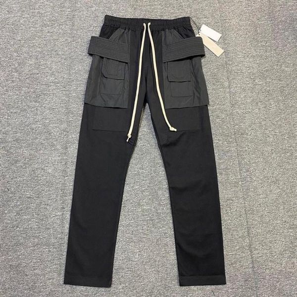 

men contrast color pocket drop crotch side loop cargo pants men's, Black
