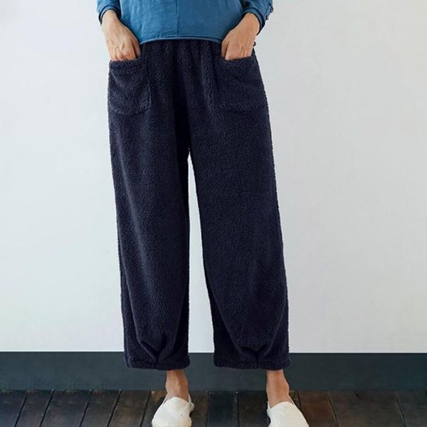 

women's pants & capris casual solid color elastic waist pocket plush warm straight for ladies trousers winter loose track, Black;white