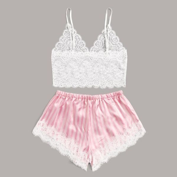 

bras sets women lingerie set v-neck lace bralette pajamas sleepwear striped satin shorts sweet underwear conjunto sutia, Red;black