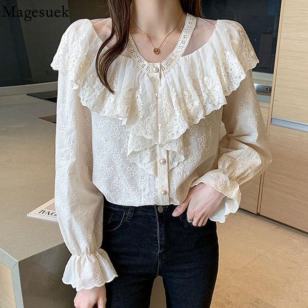 

women's blouses & shirts hollow out ruffle stitching apricot blouse women elegant flare long sleeve loose v neck female 15776, White