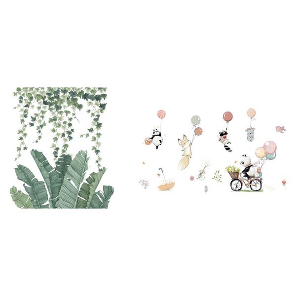 

wall stickers 2pcs removable decal diy mural decor, green banana leafs tropical plants leaves & cartoon balloon animals