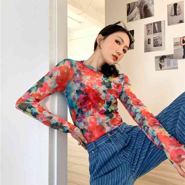 

women's t-shirt red crewneck mesh long sleeve t shirt oil painting y2k fashion floral crew neck tee femme 2021 women m9cm, White