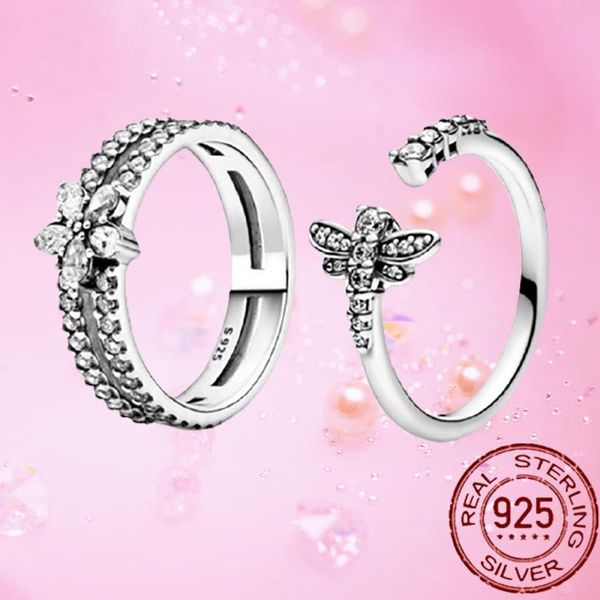 

cluster rings classic 100% 925 sterling silver original princess tiara dragonfly sparkling cz for women engagement jewelry anniversary, Golden;silver