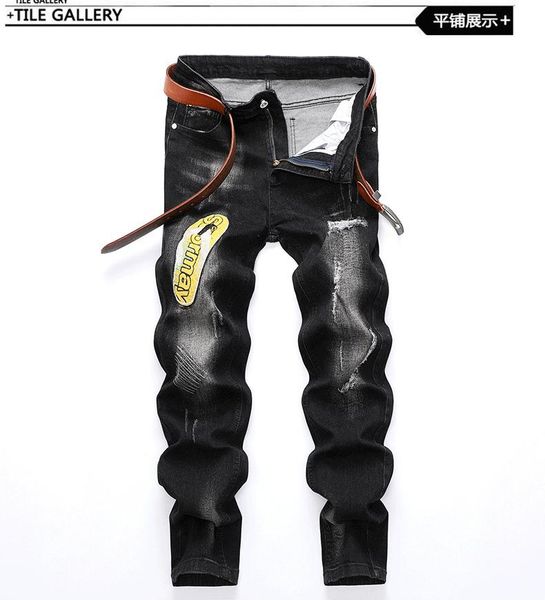 

patch jeans men's frayed feet pants stretch korean trousers, Blue