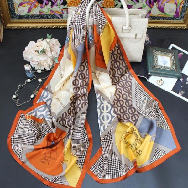 

scarves high-end elegant women's fashion exquisite belt-chain print quality silk long scarf, Blue;gray