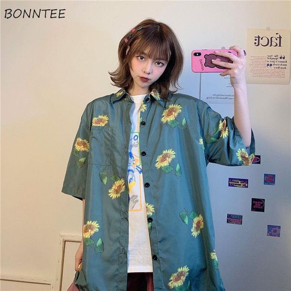 

women's blouses & shirts women sun flower printed 2021 summer hip hop retro bf loose couple streetwear casual blouse short sleeve daisy, White