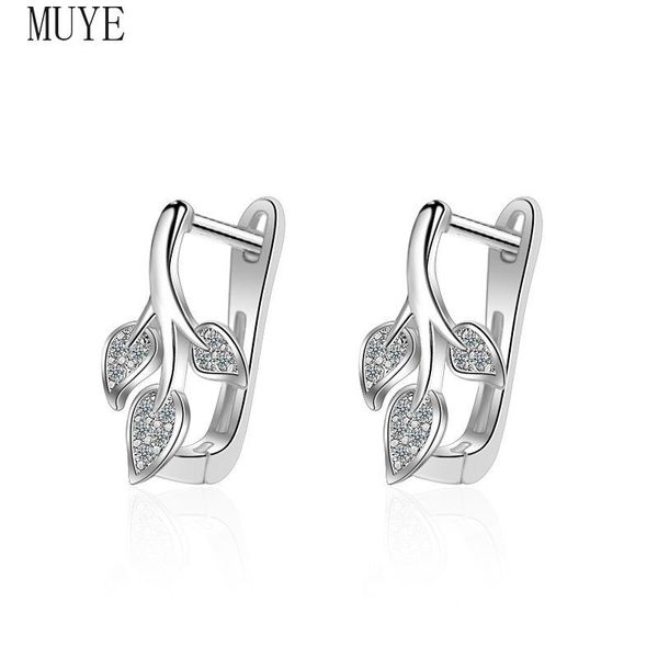 

hoop & huggie muye real 925 sterling silver inlay crystal tree leaf earrings ear buckle for women's ol fashion jewelry party gift, Golden;silver