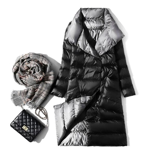 Moda Inverno Ultra Light Duck Down Jacket V Neck Dupla Vermelho Médio Longo Casaco Ladies Plus Size Parkas Mujer 210525