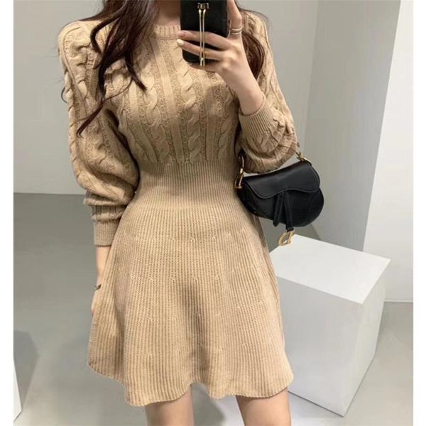 

vintage chic slim waist knitting woman sweater dresses round collar long sleeve warm mini autumn winter 2021 casual, Black;gray