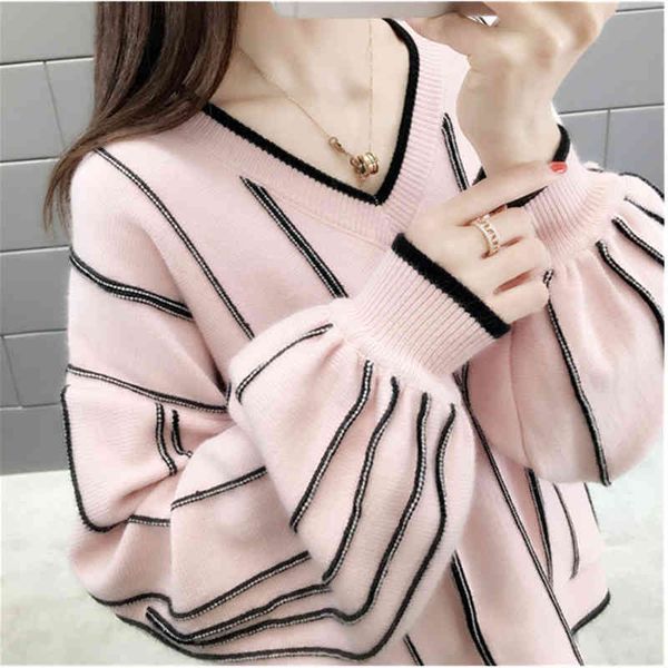 

women's sweaters suÃ©ter solto de malha feminino com gola v, pulÃ´ver listrado para outono e inverno 7rx2, White;black