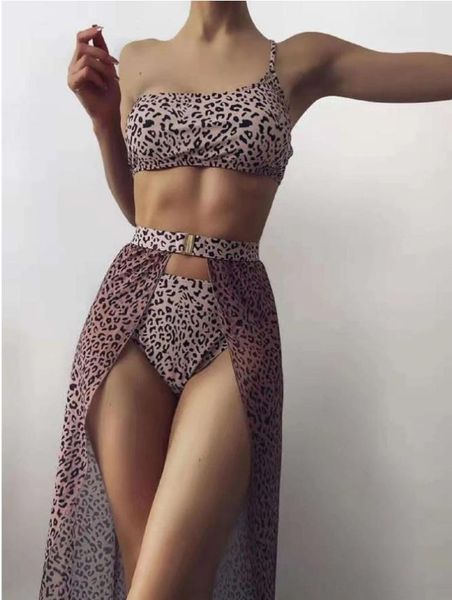 

split three-piece mesh bikini leopard swimsuit swim wear