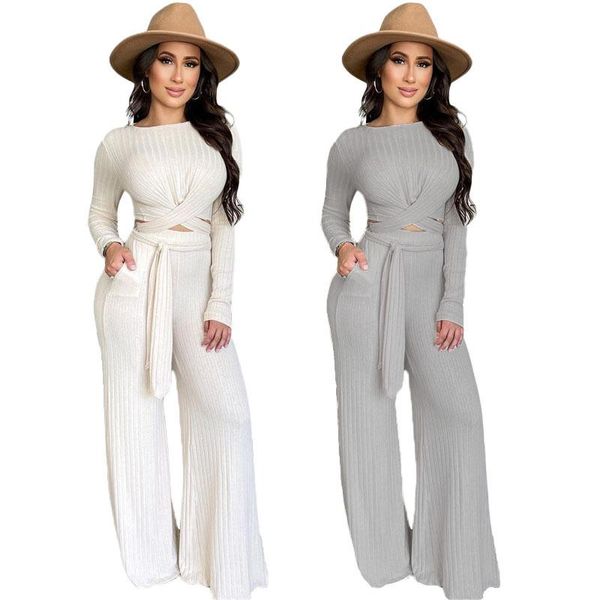 

women's two piece pants 2021 autumn winter set pit strip irregular bandage long sleeve wide leg, White