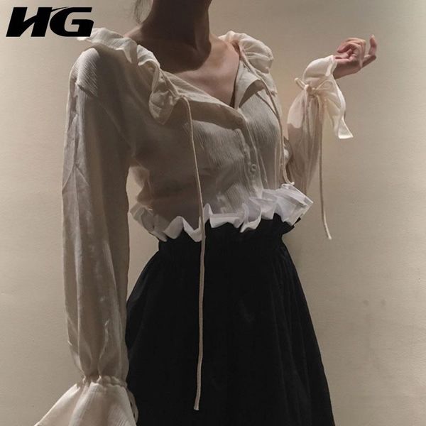 

women's blouses & shirts [hg] 2021 spring summer fashion women o-neck full sleeve casual shirt female solid color button bandage loose, White