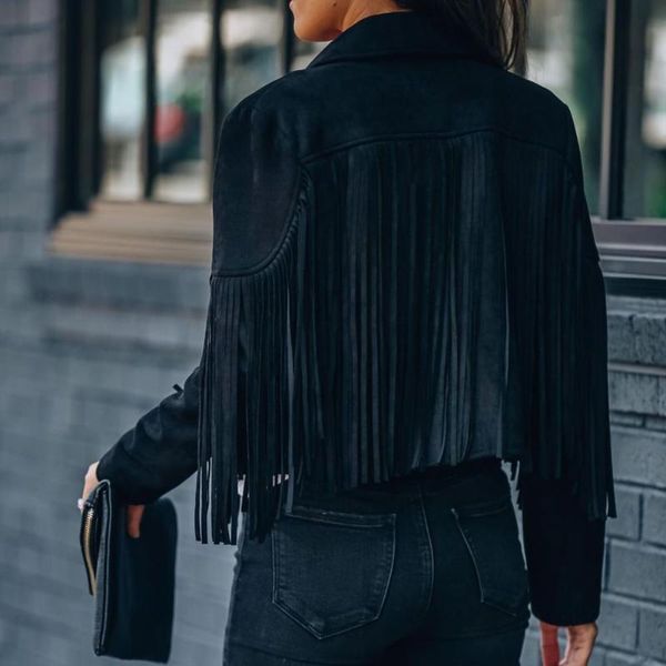 

women's jackets quick drying fabulous tassel lady autumn coat open stitching short for stage show, Black;brown
