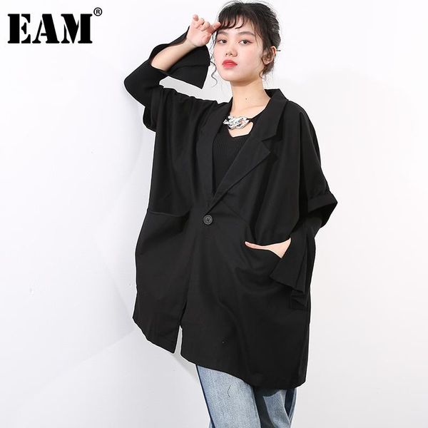 

women's jackets [eam] loose fit black pocket big size leisure long jacket lapel half sleeve women coat fashion tide spring autumn 2021, Black;brown