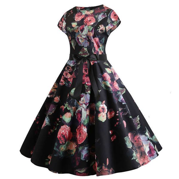 

digital dresses hepburn casual print big swing waist long skirt dress, Black;gray