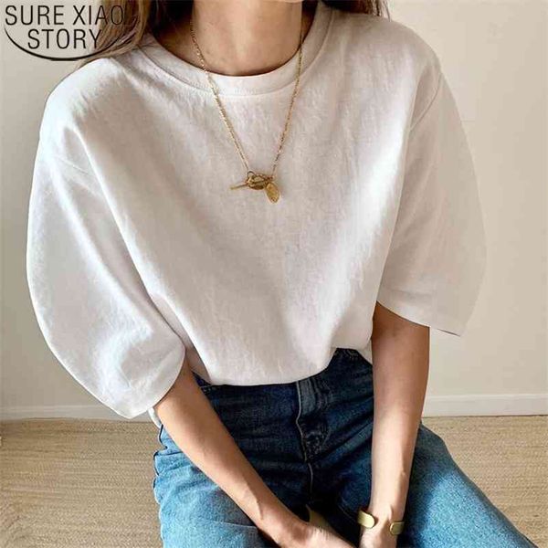 

casual solid 4 colors puff half sleeve shirts korean women's summer t-shirt women round collar tee shirt clothes 10199 210722, White