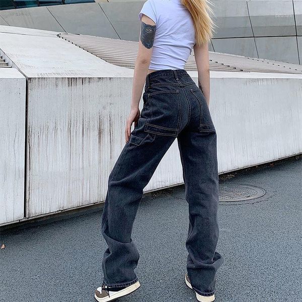 

korean fashion woman jeans loose casual straight leg highwaist female streetwear spring and autumn trousers women's, Blue