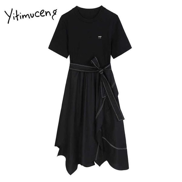 

yitimuceng midi dresses clothing women black solid spring fashion sashes o-neck short single breasted office lady casual 210601, Black;gray