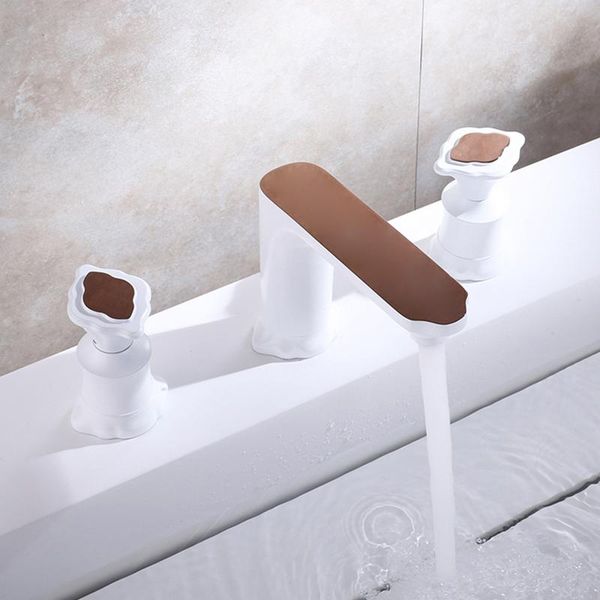 

bathroom sink faucets basin rose gold and white brass deck mounted square 3 hole double handle cold water tap