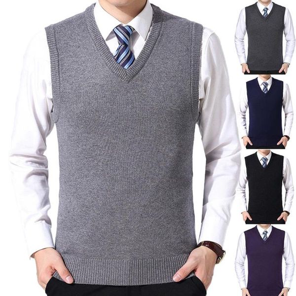 

men's vests men sleeveless sweater vest male autumn spring cotton casual winter solid color v neck knitted woolen plus size, Black;white