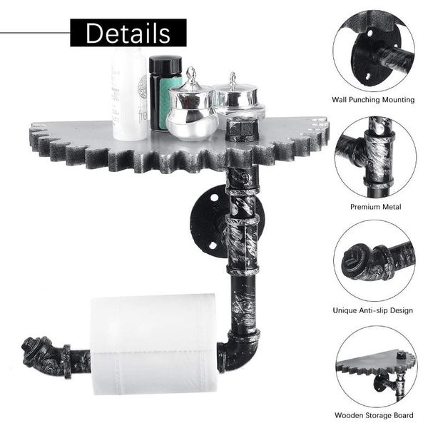 

toilet paper holders retro industrial style bathroom holder roller wood gear wall shelf mount metal wc rack