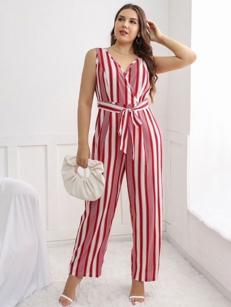 

plus striped overlap collar belted jumpsuit e0sx#, Black