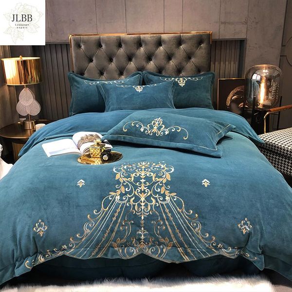 

bedding sets blue gray red pink warm soft double sided velvet fleece gold embroidery set  king duvet cover bed sheet pillowcases