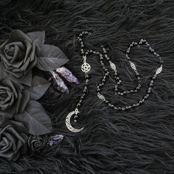 

black rosary with pentagram and moon pendant in antique silver, gothic necklace, crescent, beaded necklace chokers, Golden;silver