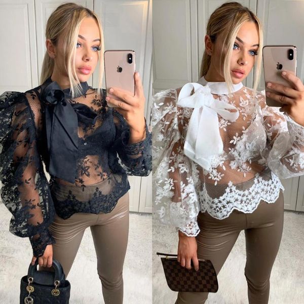 

women's blouses & shirts crochet sheer mesh long lantern sleeve cute turtleneck bow bandage lace clothes blusas mujer camisas 2021, White