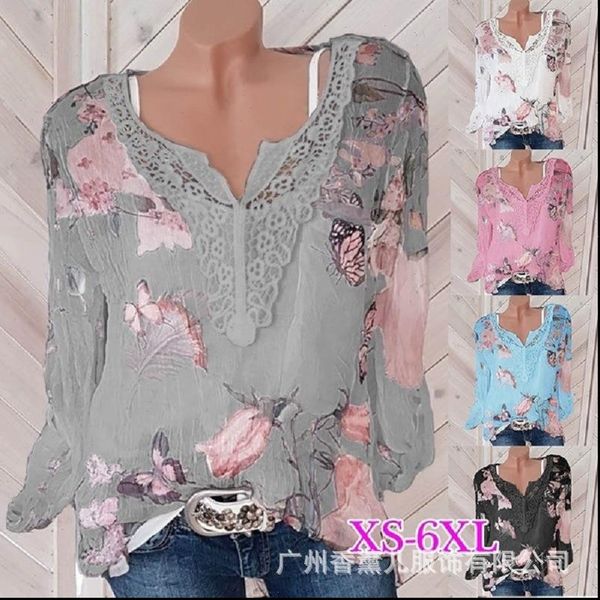 

large size loose chiffon womens shirts summer lace fashion casual v neck long sleeve shirt, White