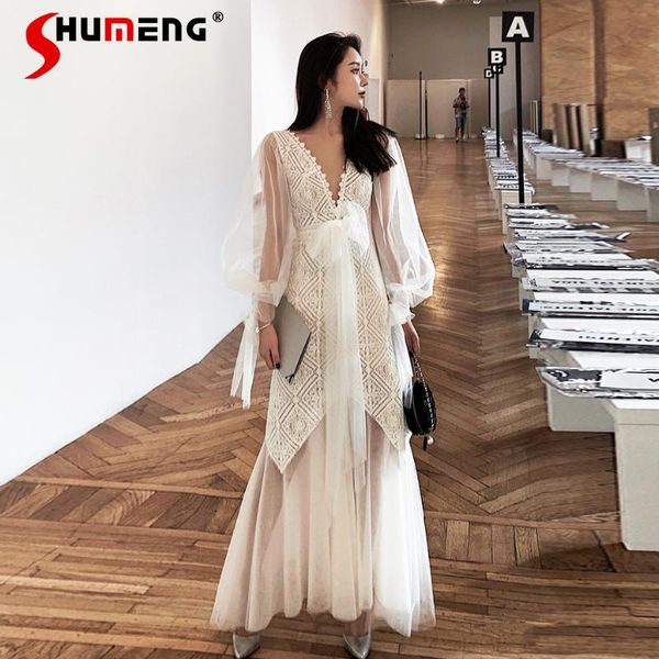 

casual dresses elegant deep v-neck hollow lace white long dress mesh see-through sleeve multi-layered maxi women party 2021, Black;gray
