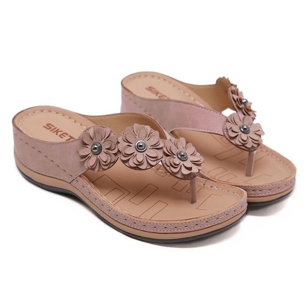 

women's sandals retro flower flip-flops slippers female 2021 summer flats outside lady casual slides femmes sandales, Black