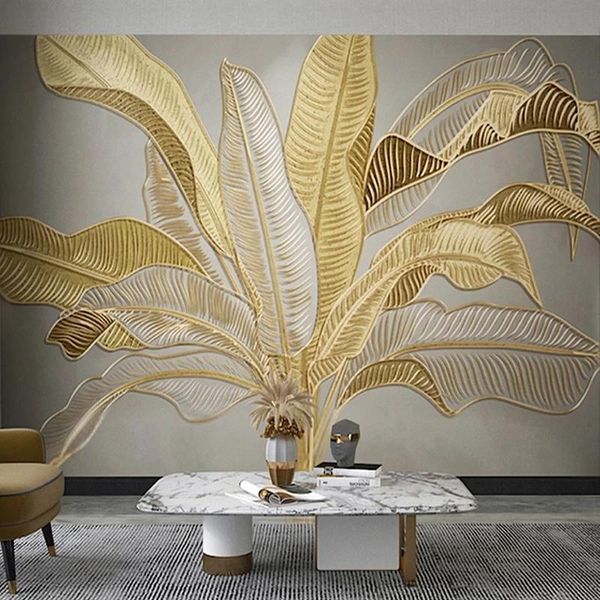 

custom po self adhesive wallpaper painting 3d golden embossed banana leaf mural luxury study living room bedroom home decor wallpapers