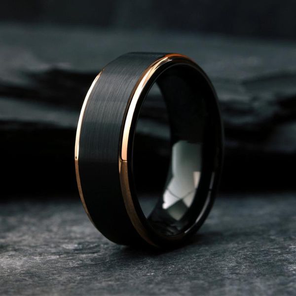 Eheringe Luxus-Herren-Schwarz-Wolfram-Ring mit Roségold-Randbeschichtung, gebürstetes Band für Herrenschmuck, Größe 6–13