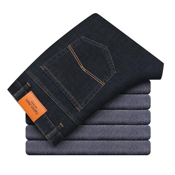 

men's jeans 2021 winter warm blue black fleece classic style stretch straight fit thick pants fashion trousers male brand