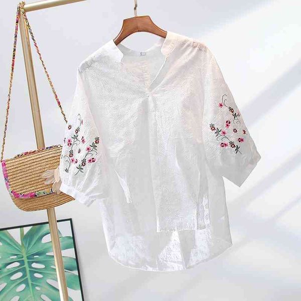 

vanovich cotton fashion shirt women summer embroidery three quarter sleeve sunscreen v-neck casual clothes 210615, White