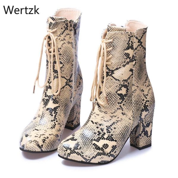 

boots women's ankle snake printing pu leather woman lace up square high heels zipper female fashion shoes ladies a976, Black