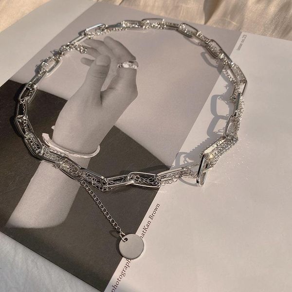 

pendant necklaces european and american chain flash zircon choker hip hop double stitched goth necklace fashion collarbone jewelry gifts, Silver