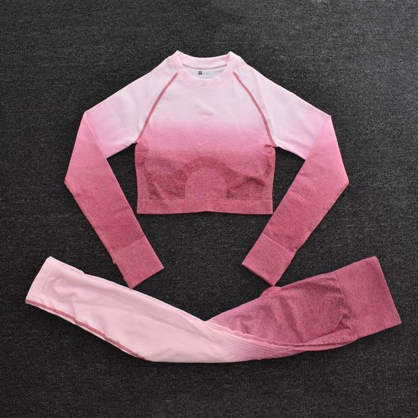 

women yoga set seamless leggings ombre fitness workout sports suit long sleeve crop bra running pants gym clothing outfit