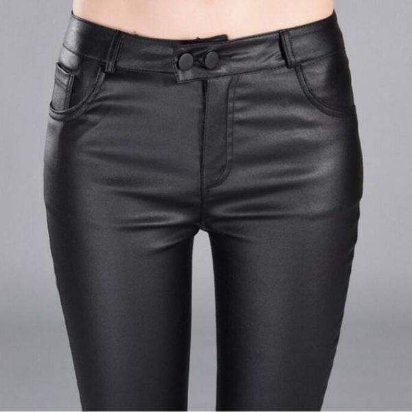 

women's pants & capris autumn winter women leather high shiny trousers slim female pencil, Black;white
