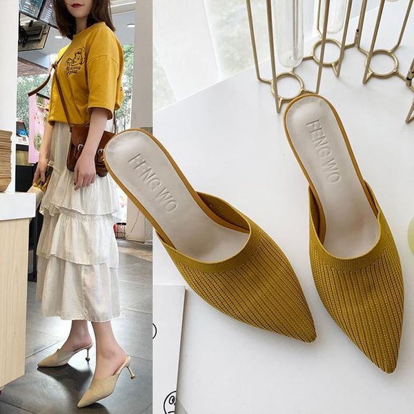 

slippers mules slides summer pointy close toe women pumps shallow weaving thin high heel shoes casual outside ladies flip flops, Black