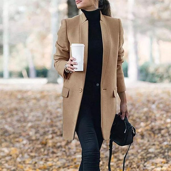 

women's trench coats women long coat 2021 autumn winter lapel sleeve office ladies solid slim overcoat outwear abrigo mujer, Tan;black