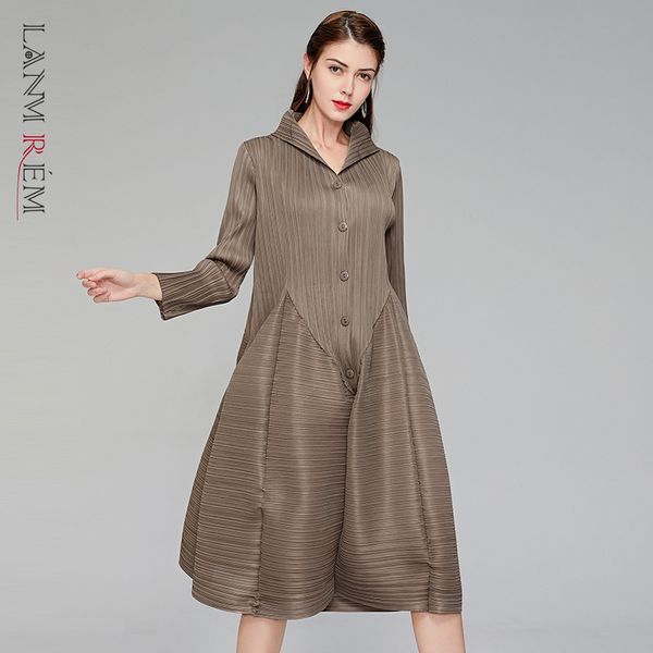 

autumn half-open collar solid color mid-length dress women vintage loose office lady pleated tide pd587 210507, Black;gray