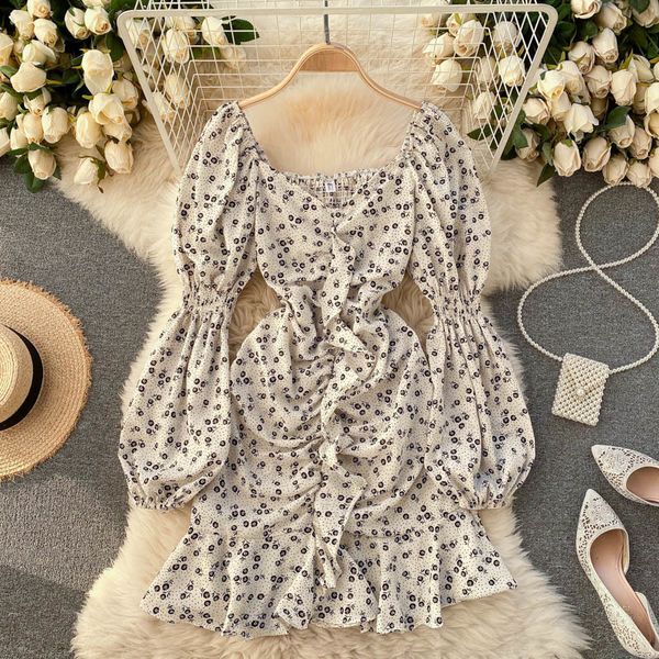 

two piece dress spring fashion long lantern sleeve women v-neck floral print slim waist ruched ruffles pleated elastic short, White