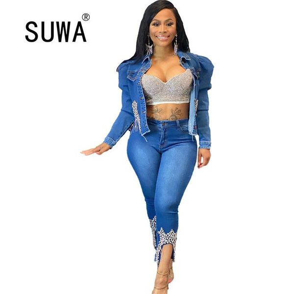 

women's trench coats elegant pearl beading short denim jackets women long sleeve vintage washed jean jacket coat jeans wholesale, Tan;black