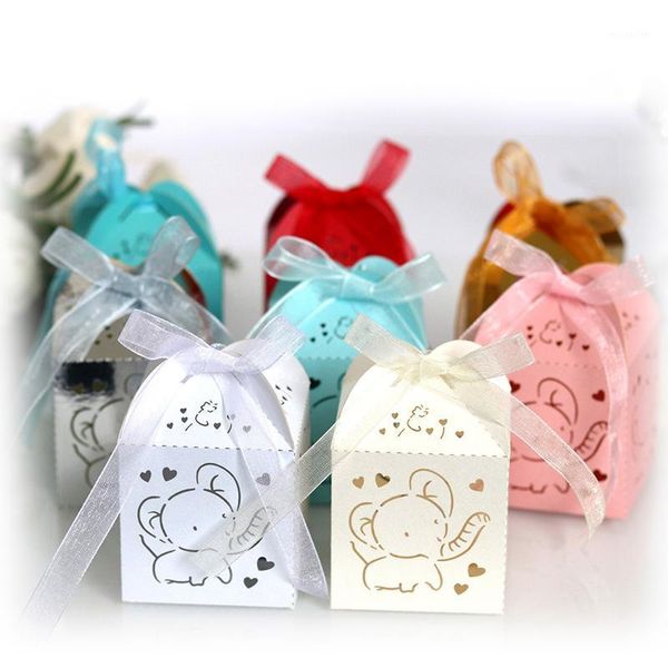 Confezione regalo 50 pezzi Scatola per bomboniere con taglio laser a forma di elefante Scatola per caramelle vuota fai-da-te con nastro Decorazioni per feste di fidanzamento per baby shower