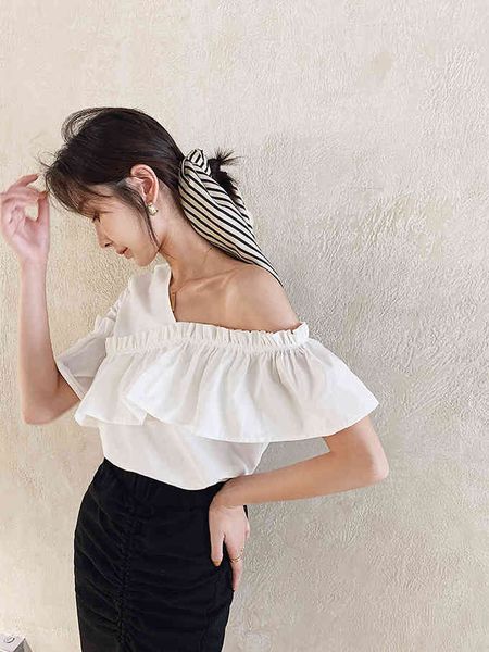 

blends female blouse blue plaid white slices twisted neck irregular frilly shirts summer fashion, Black