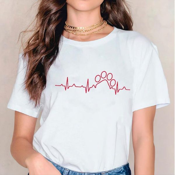 

dog cat paw heartbeat cute womens t shirts streetwear short sleeve print lady graphic female tee shirt, White